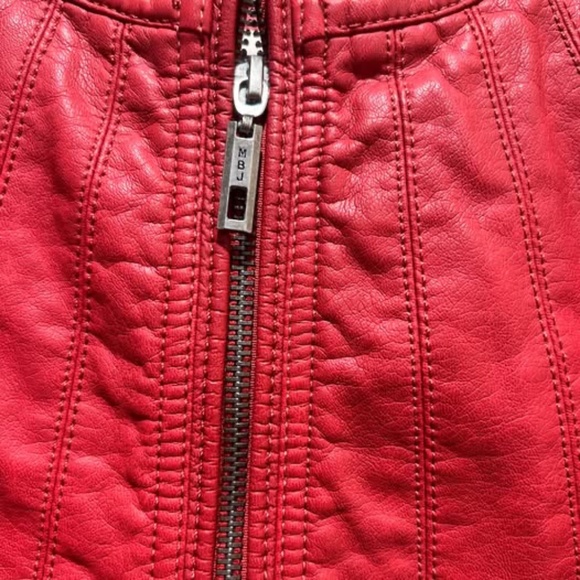 Women's Vegan Leather Red MOTO zip up Jacket - Picture 3 of 6